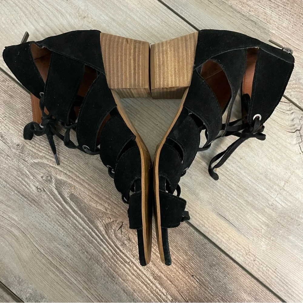 Lucky Brand Genevie Leather Lace Up Open Toe Block Heel Sandals‎